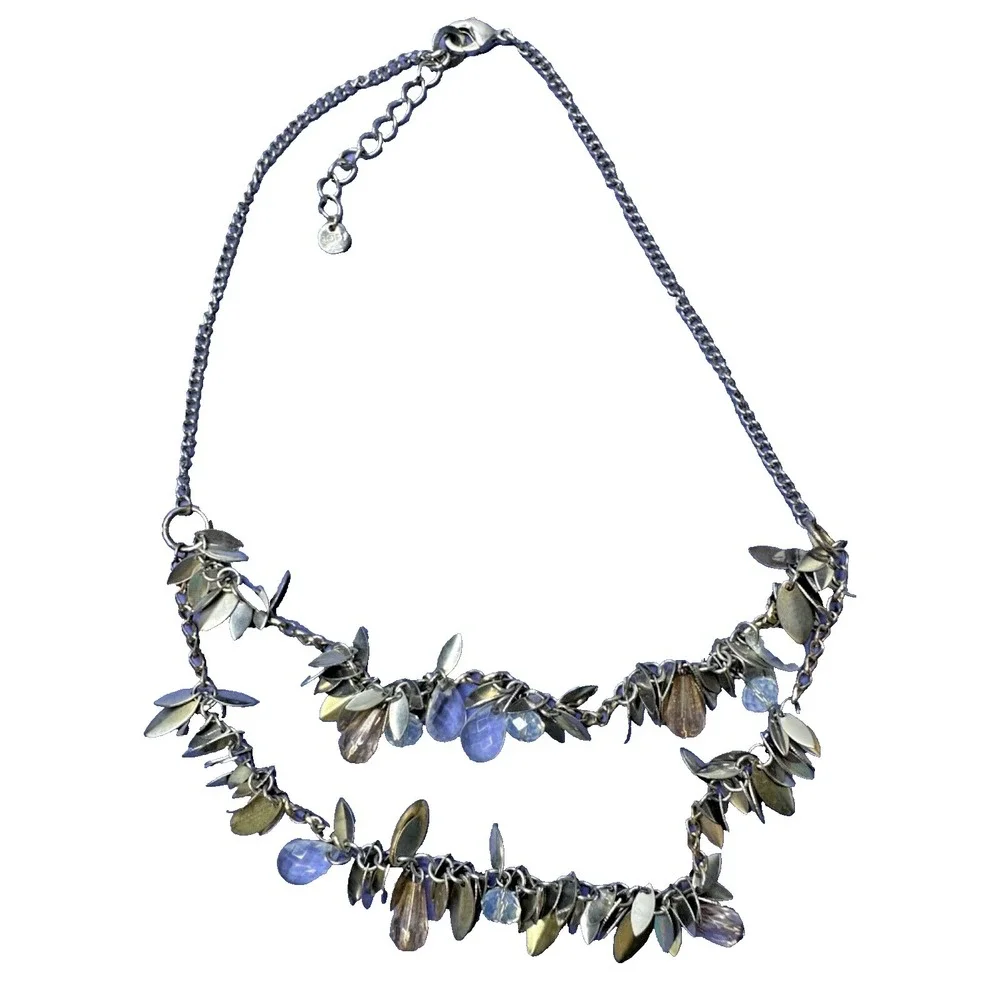 Ann Taylor Loft Necklace Bead Dangle Cha Cha Blue Silver Tone Double Strand